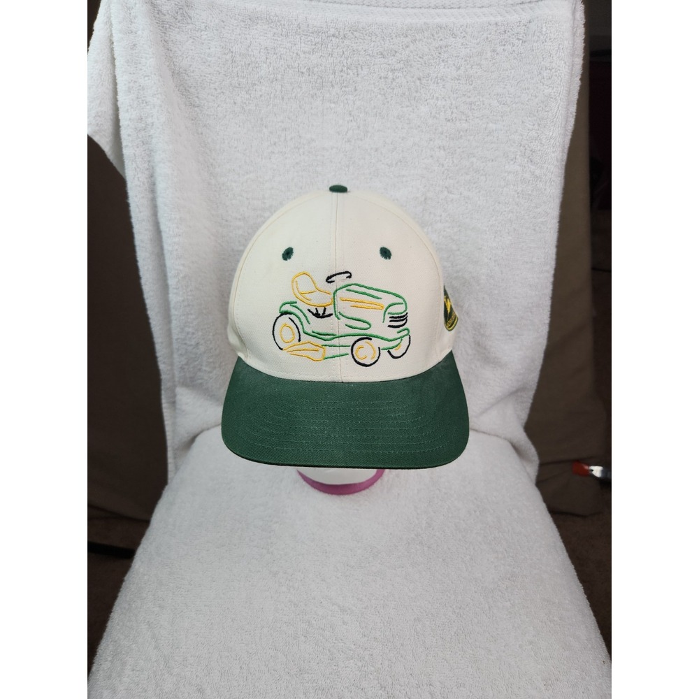 VTG John Deere Hat Cap Double Snaps White Lawn Mower Logo 90s Tonkin